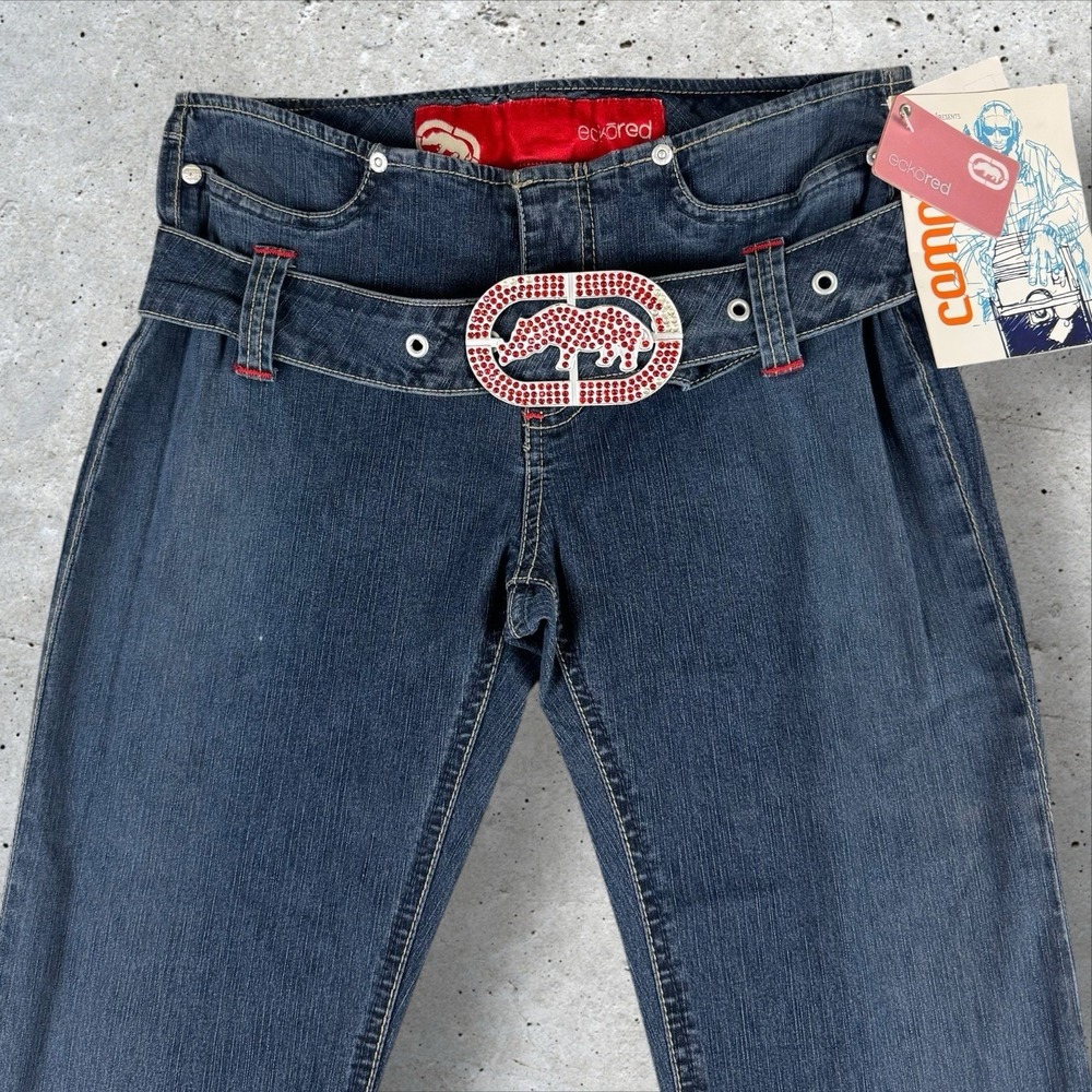 Y2K Ecko Red Deadstock Rhinestone Belted‎ Flare Low Rise Bell Bottom Jeans Sz 7